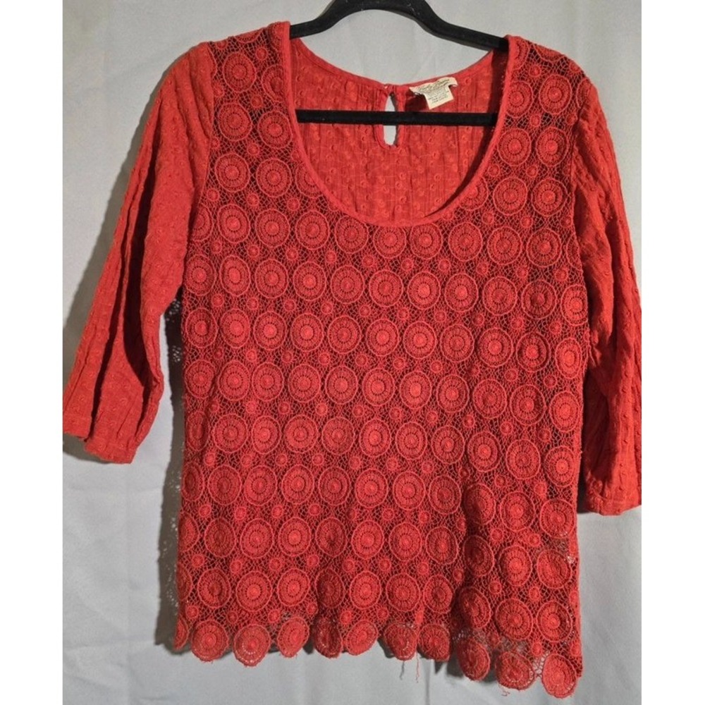 Lucky Brand Women Red Orange Crochet Lace Front Dobby 3/4 Sleeve Top M 7W40968